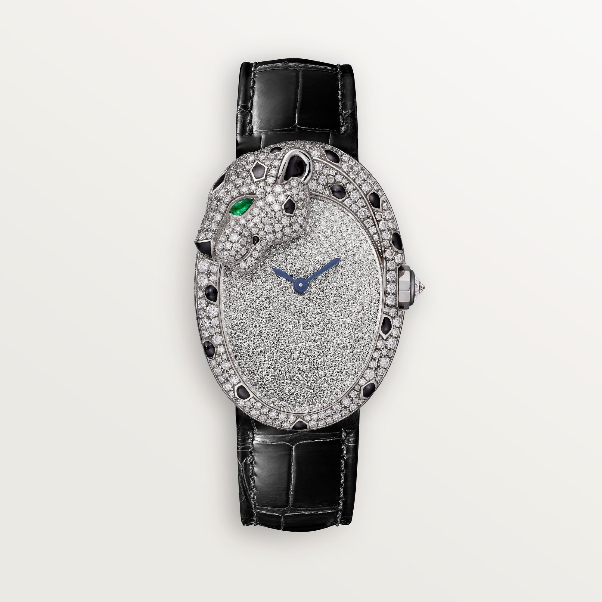 Cartier Panthère White Gold Diamond Dial Shiny Black  Leather Strap HPI01352 - WATCHXNYC