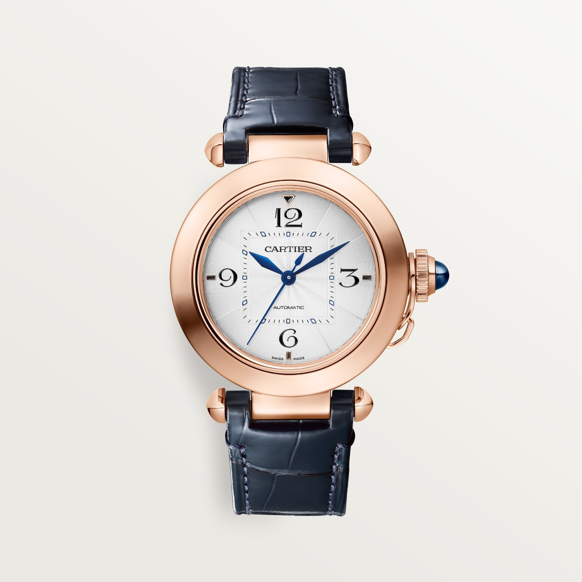 Cartier Pasha 18k Rose Gold Silver Dial Navy Blue And Gray  Skin Straps WGPA0014 - WATCHXNYC