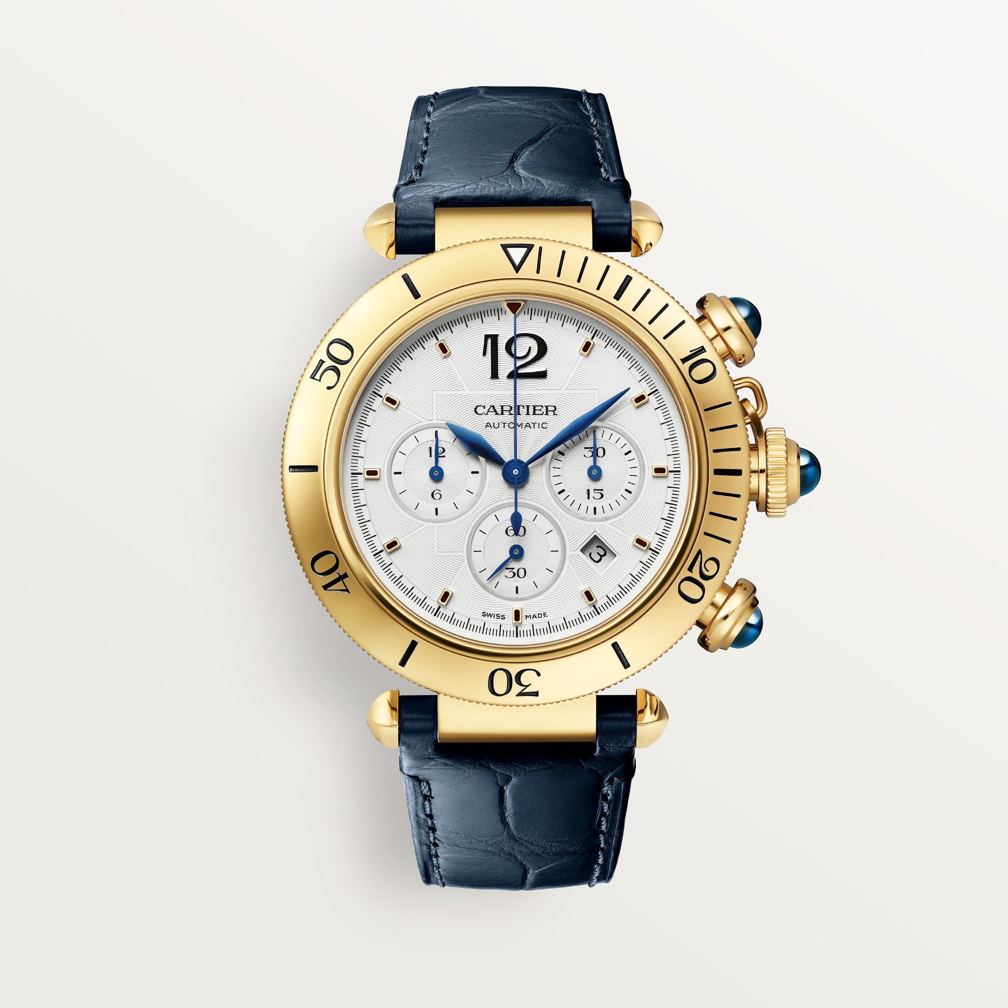 Cartier Pasha 18k Rose Gold Silver Dial Navy Blue  Skin Strap WGPA0017 - WATCHXNYC