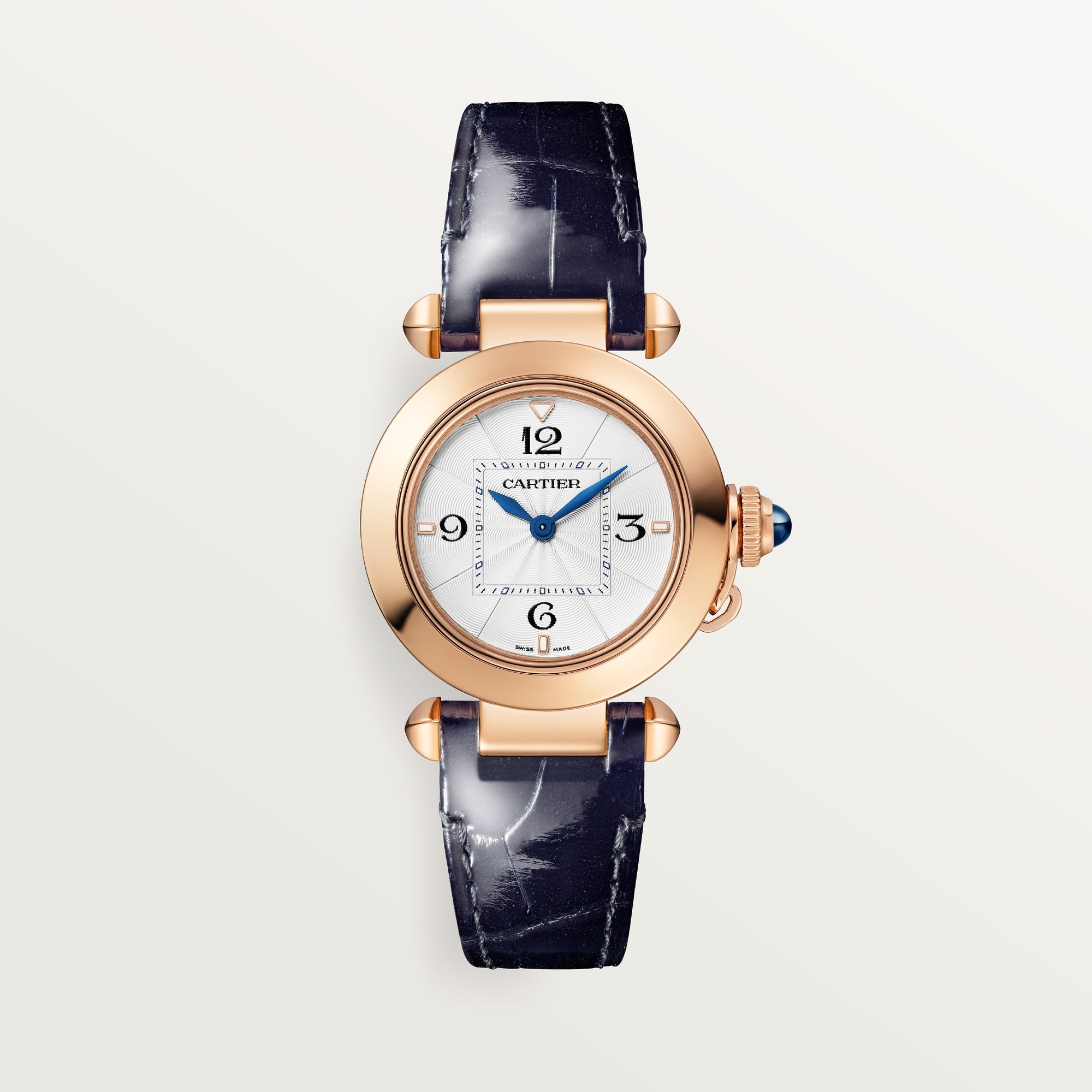 Cartier Pasha 30 mm 18k Rose Gold Opaline Dial Navy Blue  Leather Strap WGPA0018 - WATCHXNYC