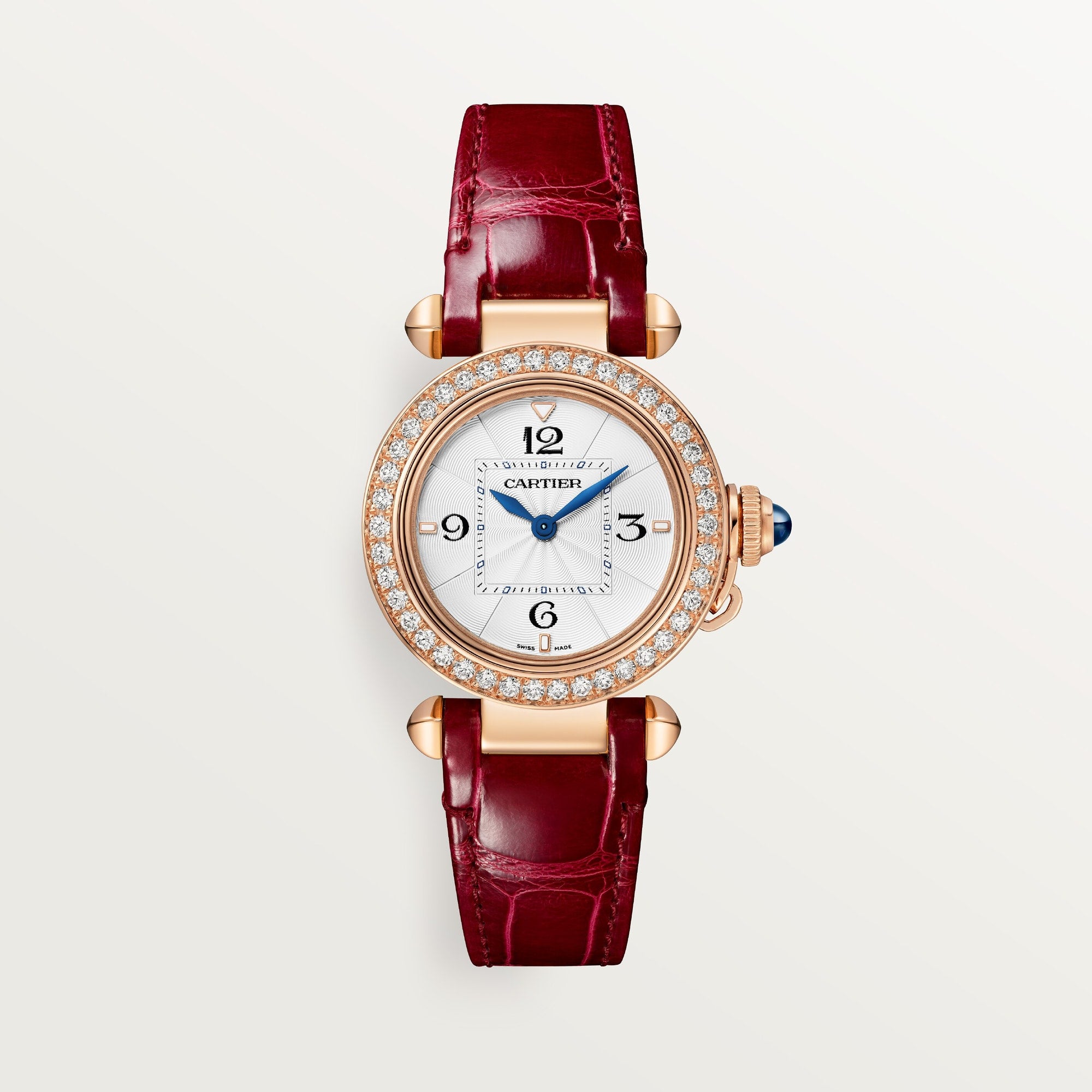 Cartier Pasha 30 mm 18k Rose Gold Opaline Silver Dial Red  Leather Strap WJPA0017 - WATCHXNYC