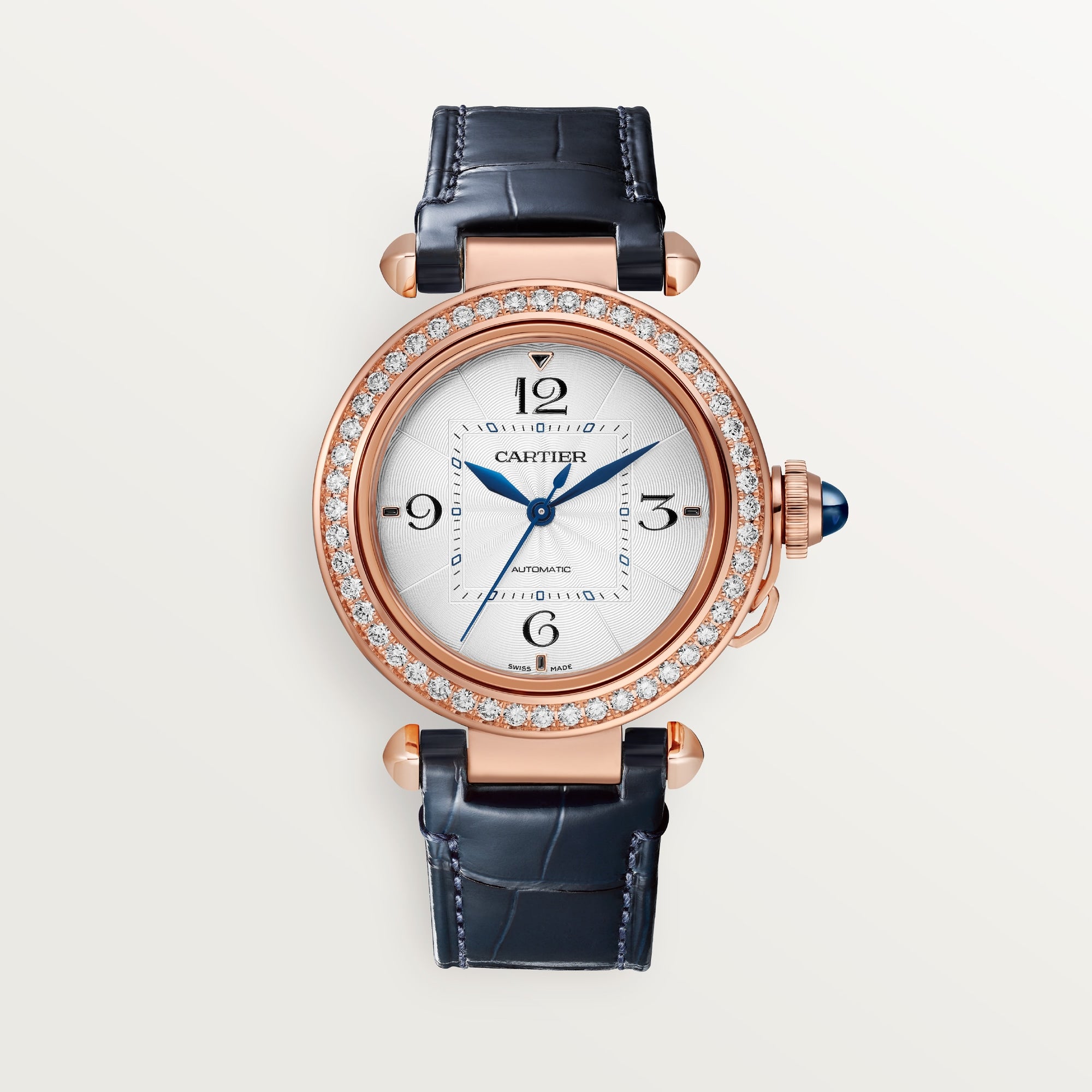 Cartier Pasha 35 mm 18k Rose Gold Silver Dial Purple  Skin Strap WJPA0012 - WATCHXNYC