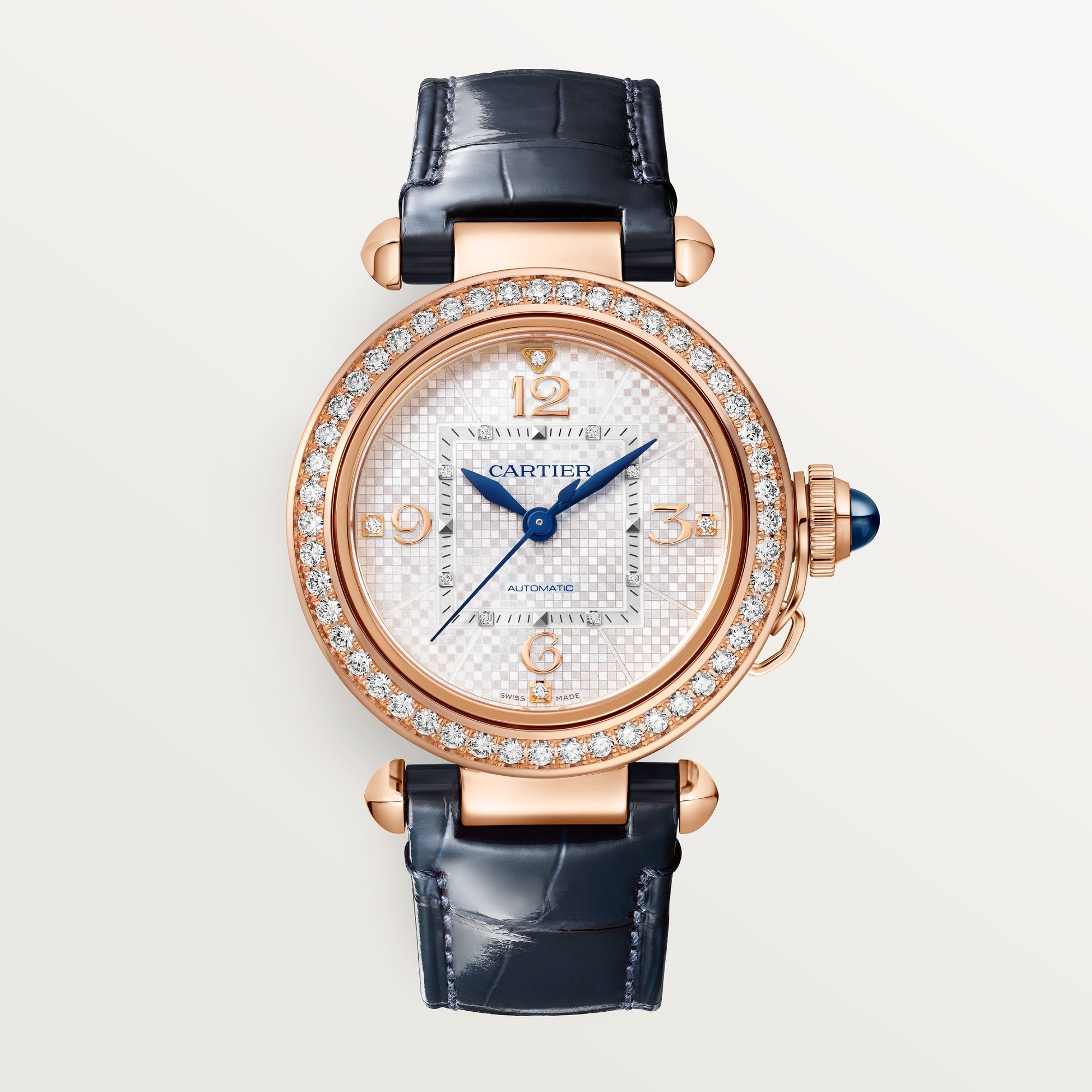 Cartier Pasha 35 mm Rose Gold Silver Dial Blue  Skin Strap WJPA0027 - WATCHXNYC