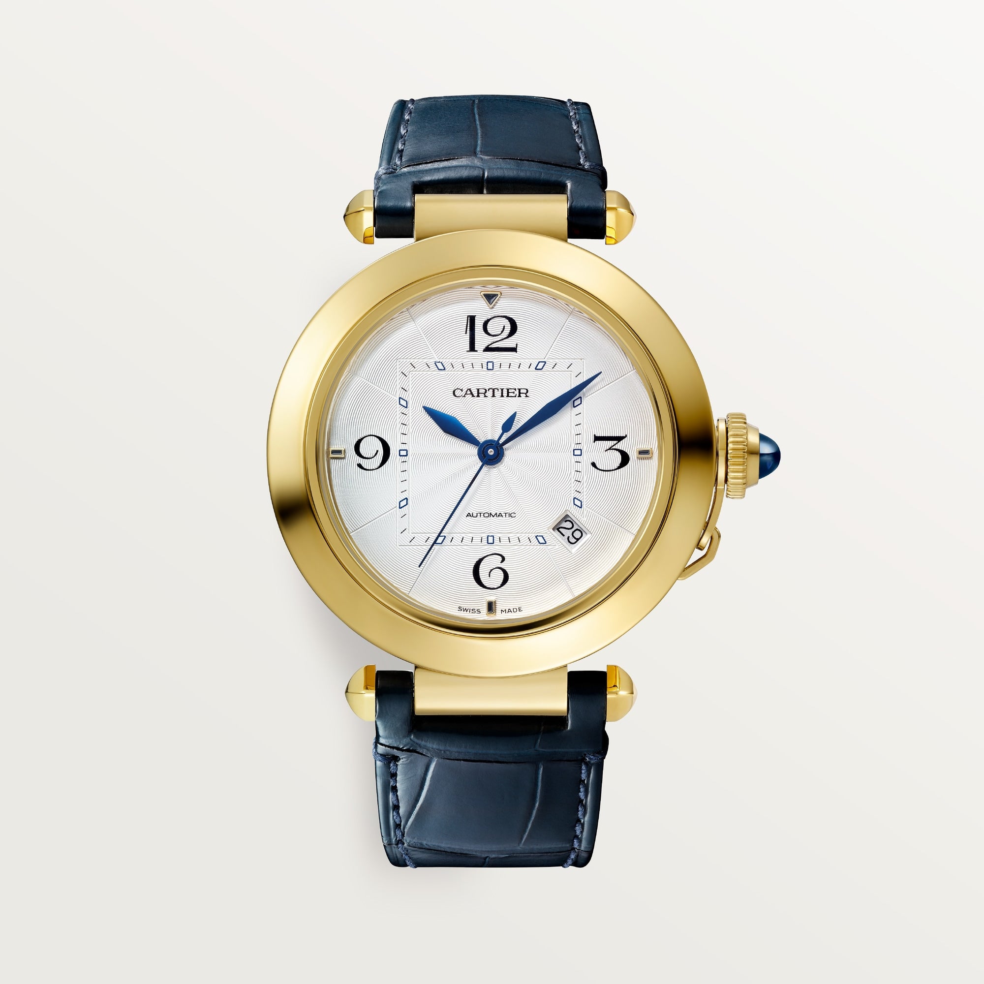 Cartier Pasha 41 mm Yellow Gold Silver Dial Navy Blue  Skin Strap WGPA0007 - WATCHXNYC