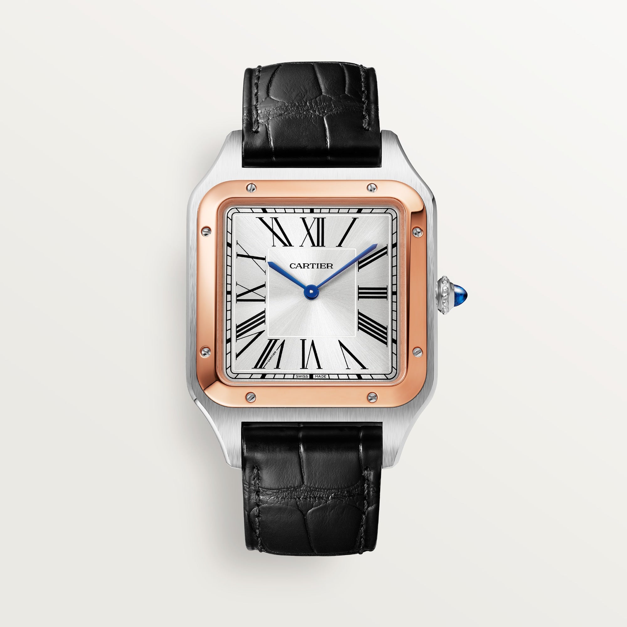Cartier Santos Extra Large 18k Rose Gold Silver Dial Black  Leather Strap W2SA0017 - WATCHXNYC