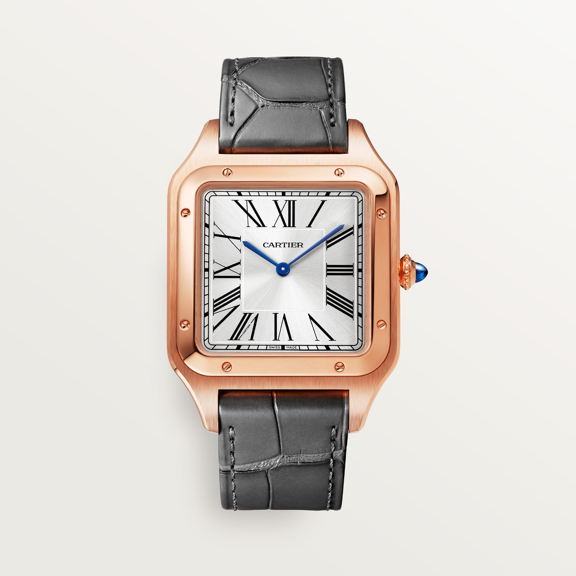 Cartier Santos Extra Large 18k Rose Gold Silver Dial Gray  Leather Strap WGSA0032 - WATCHXNYC