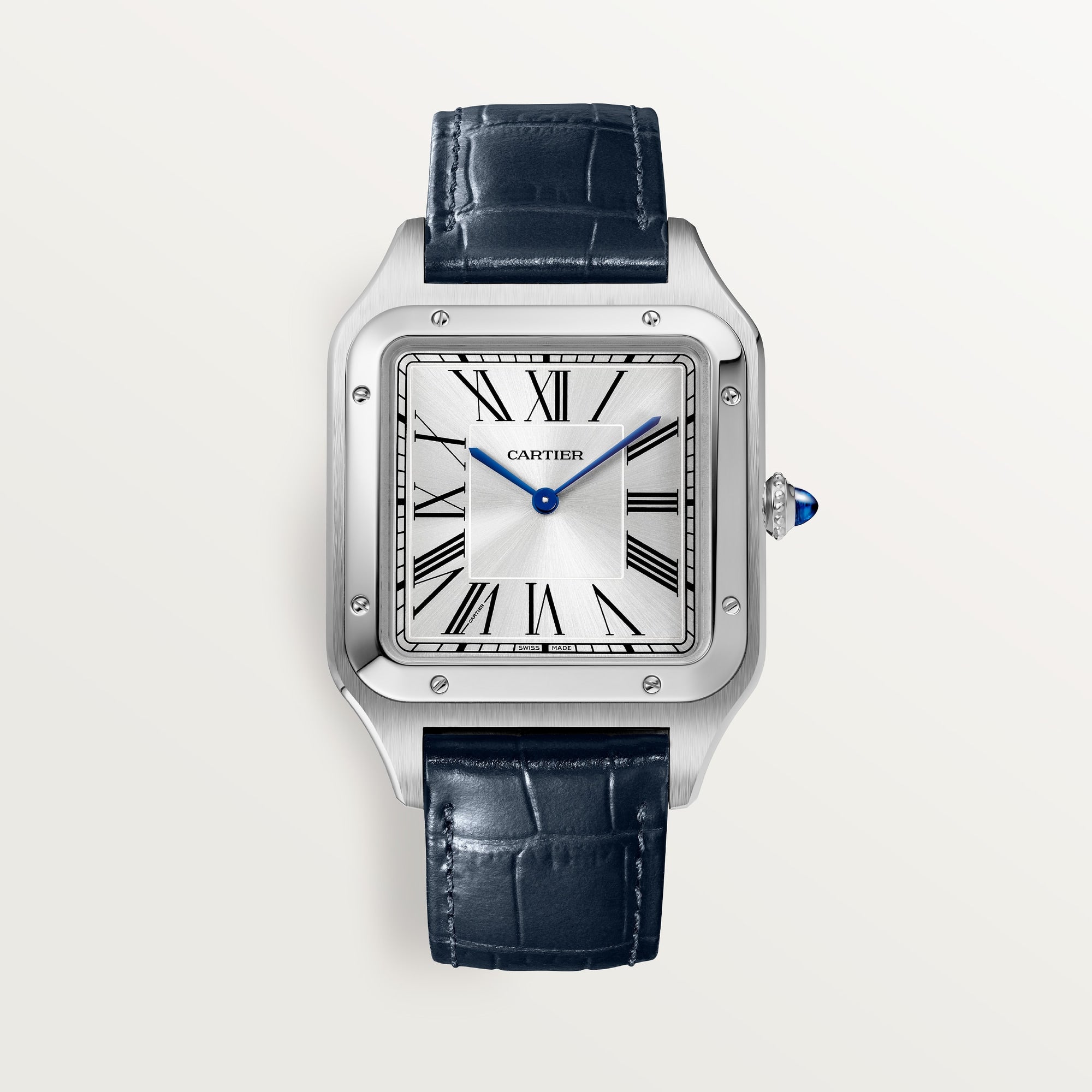 Cartier Santos Extra Large Steel Silver Sunray Dial Navy Blue  Leather Strap WSSA0032 - WATCHXNYC
