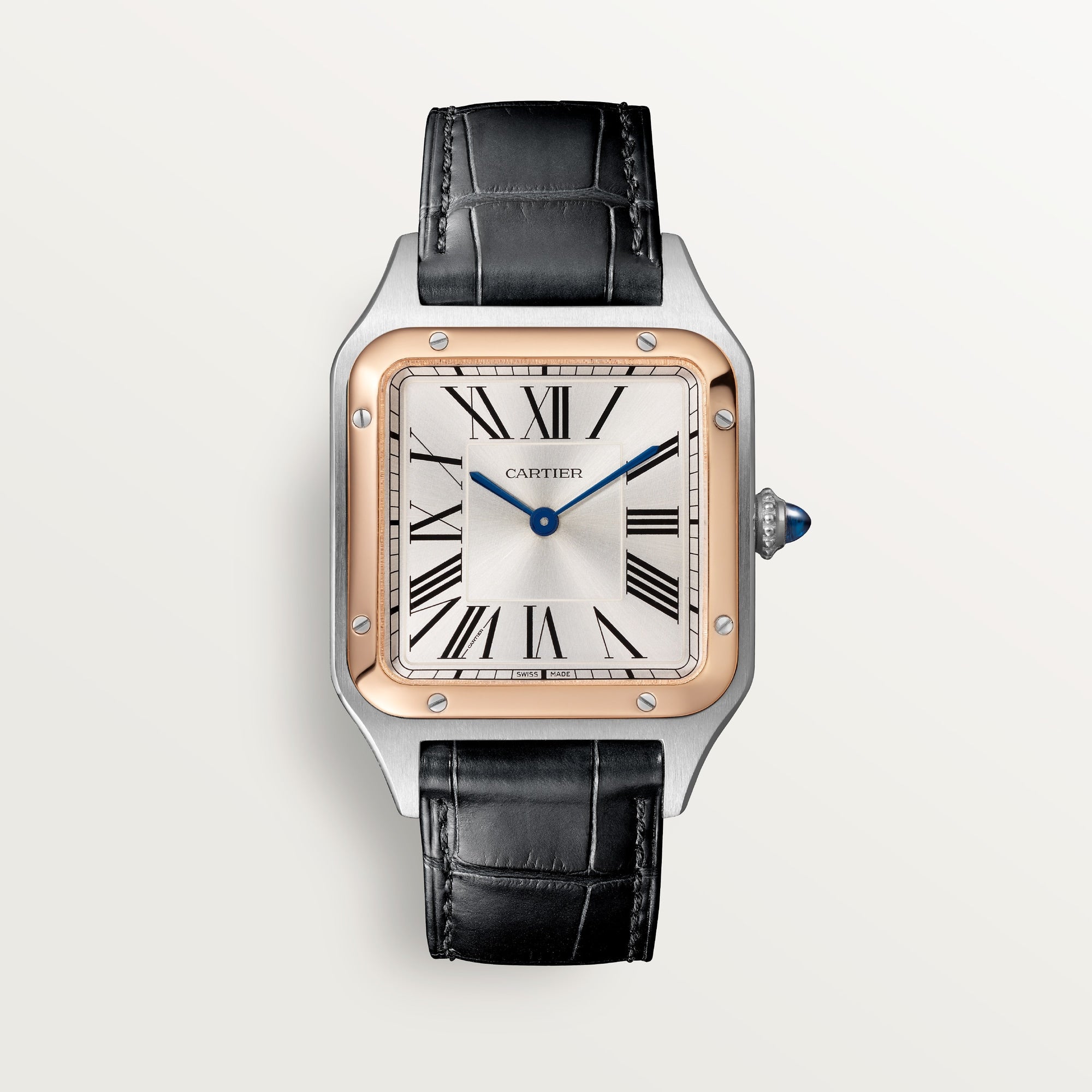 Cartier Santos Large 18k Rose Gold Silver Dial Black  Leather W2SA0011 - WATCHXNYC