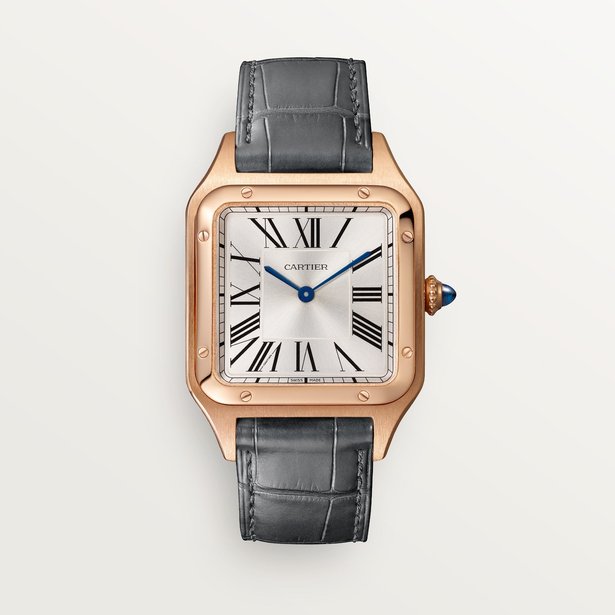 Cartier Santos Large 18k Rose Gold Silver Dial Gray  Leather WGSA0021 - WATCHXNYC