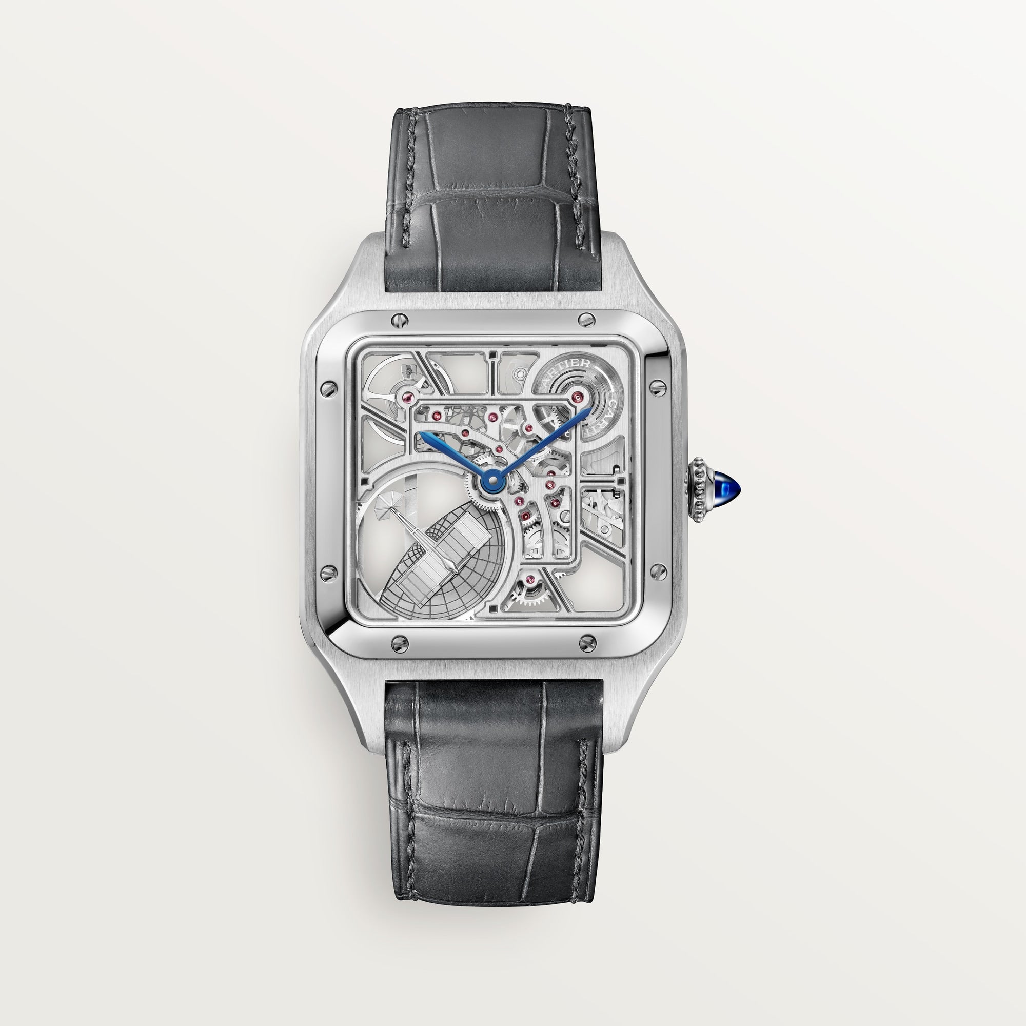 Cartier Santos Large 43.5 mm x 31.4 mm Grey Dial  Steel  Leather Strap WHSA0032 - WATCHXNYC