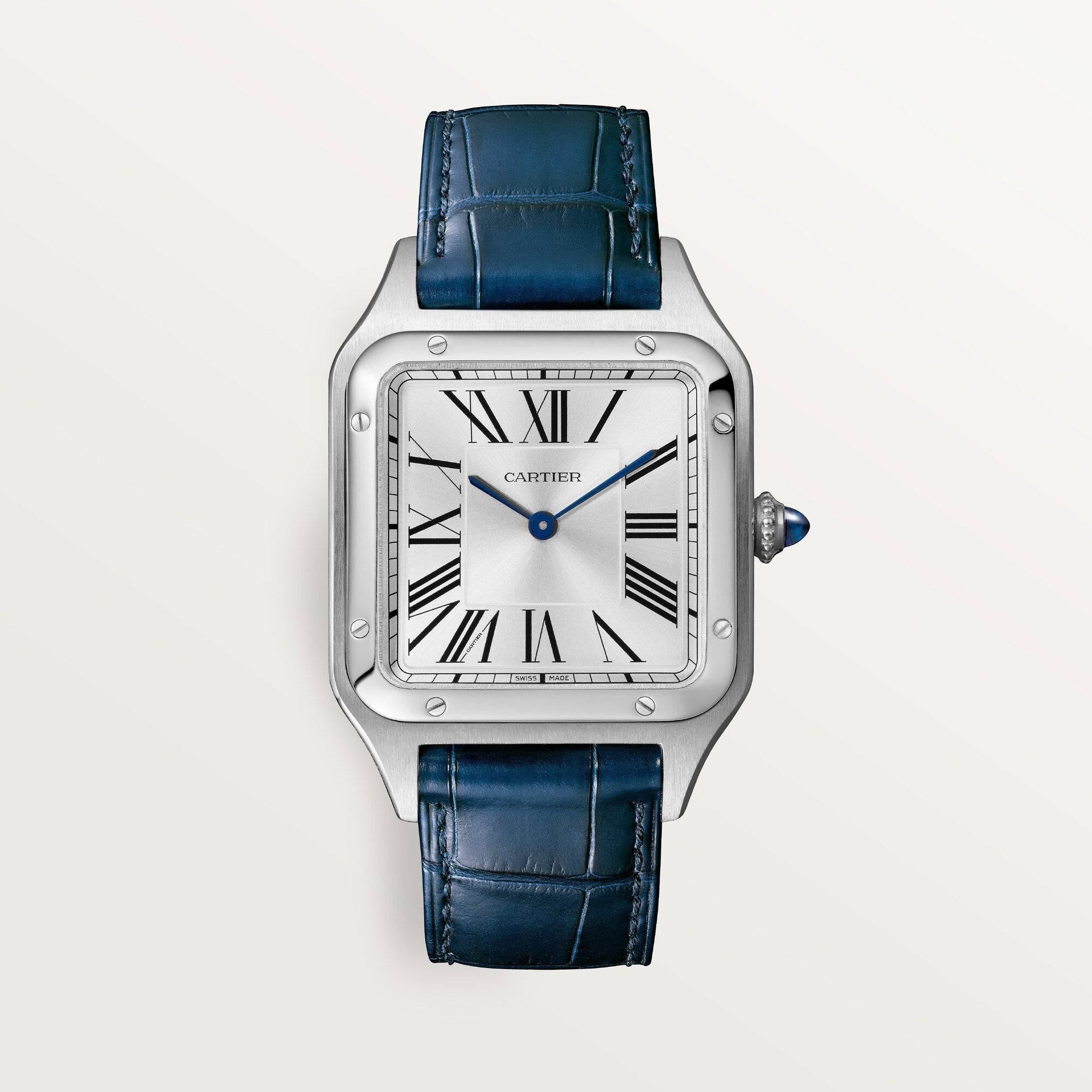 Cartier Santos Large 43.5 mm x 31.4 mm Silver Dial Steel Navy Blue  Leather WSSA0022 - WATCHXNYC