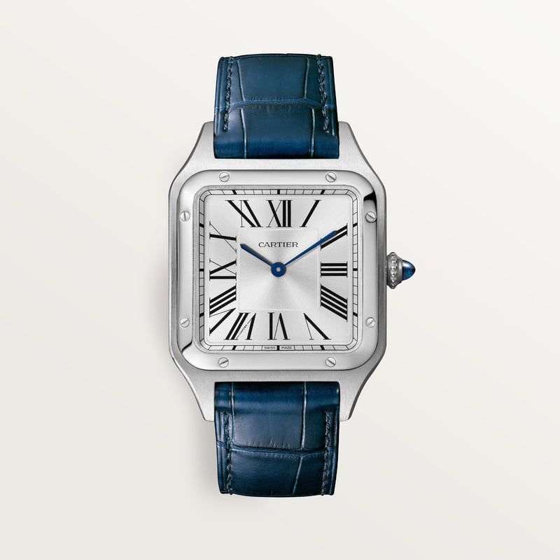 Cartier Santos Large 43,5 mm x 31,4 mm Esfera plateada Acero Piel de aligátor azul marino WSSA0022