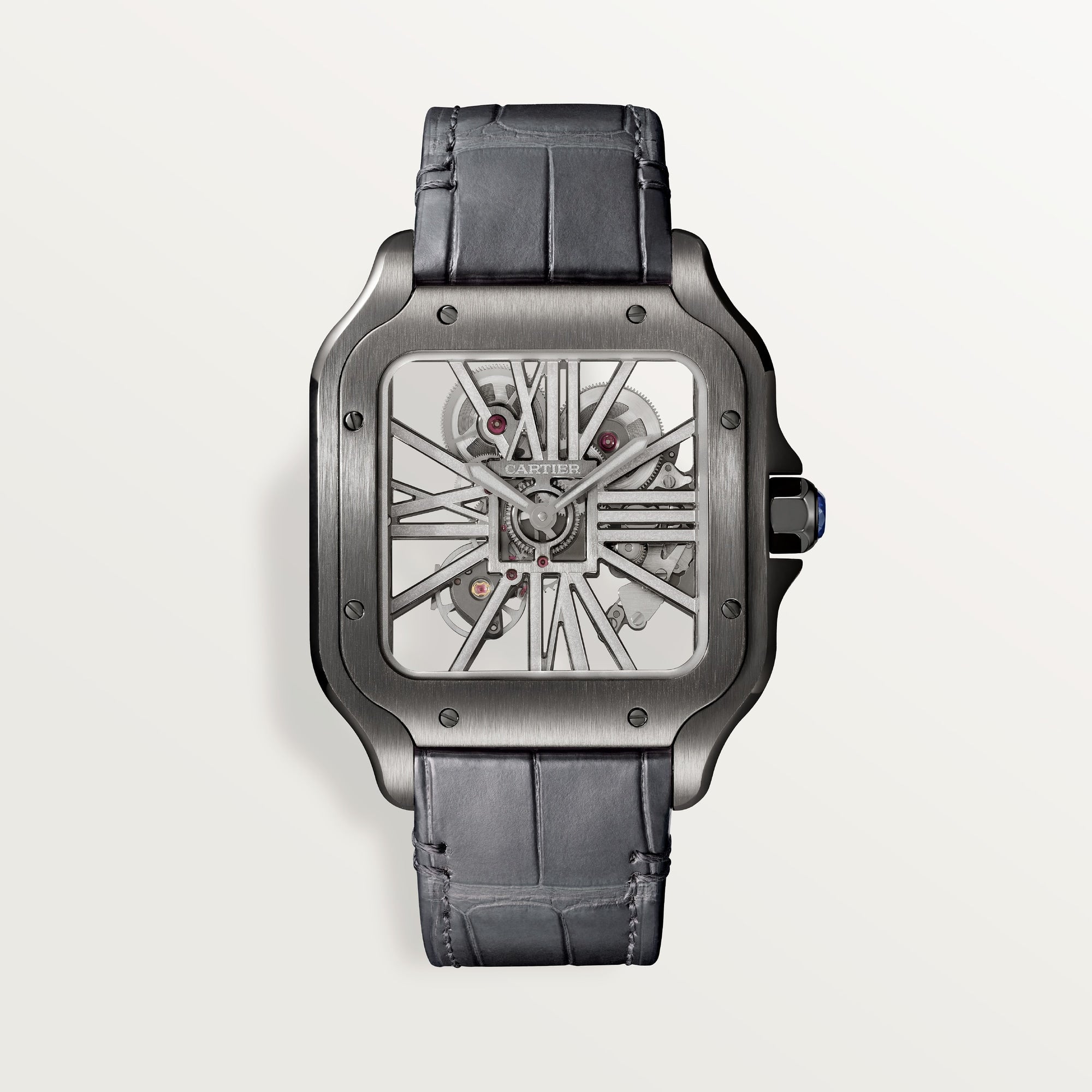 Cartier Santos Large 47.5 mm x 39.7 mm Dark Grey Dial Steel Black Leather WHSA0009 - WATCHXNYC