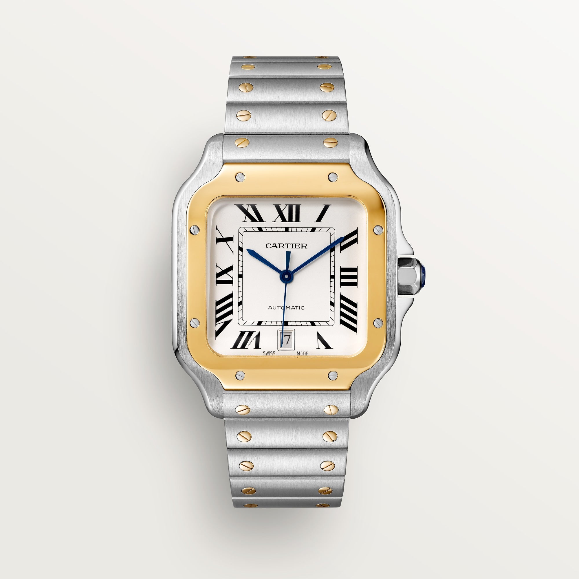 Cartier Santos Large 47.5 mm x 39.8 mm Yellow Gold Silver Dial Steel Bracelet W2SA0009 - WATCHXNYC