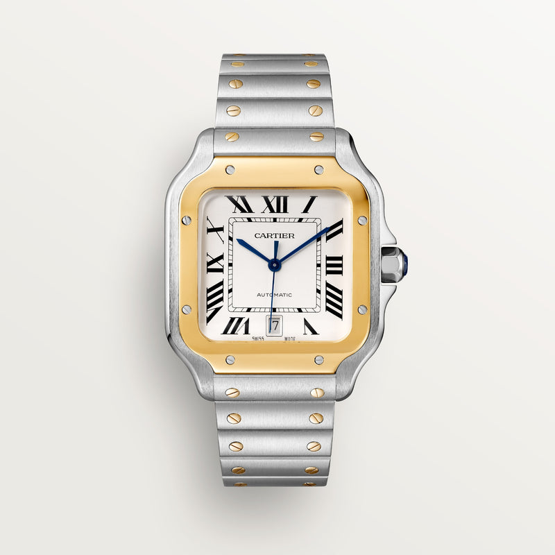 Cartier Santos Large 47,5 mm x 39,8 mm Oro amarillo Esfera plateada Pulsera de acero W2SA0009