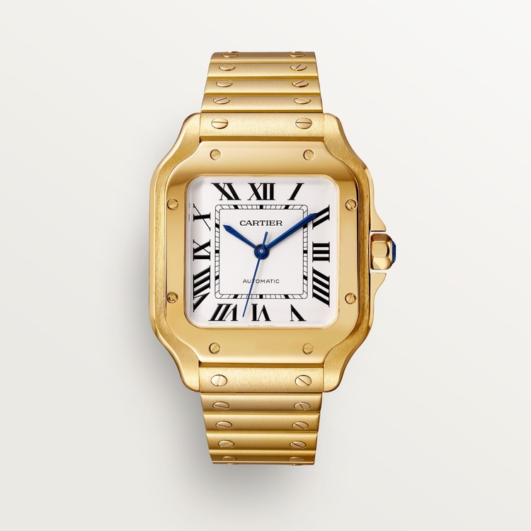 Cartier Santos Medium Opaline Silver Dial 18k Yellow Gold Bracelet WGSA0030 - WATCHXNYC