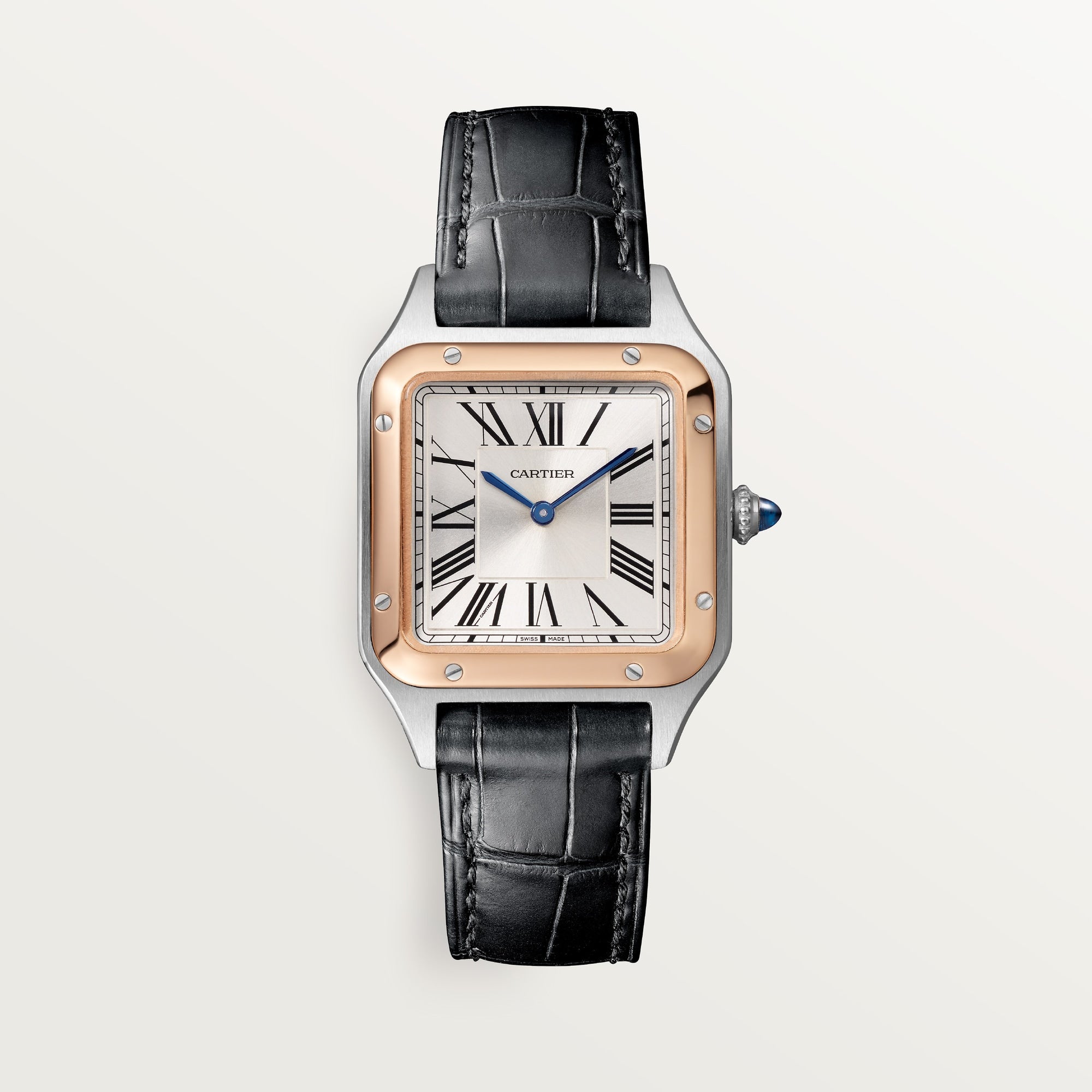 Cartier Santos Small 18k Rose Gold Silver Dial Black  Leather W2SA0012 - WATCHXNYC