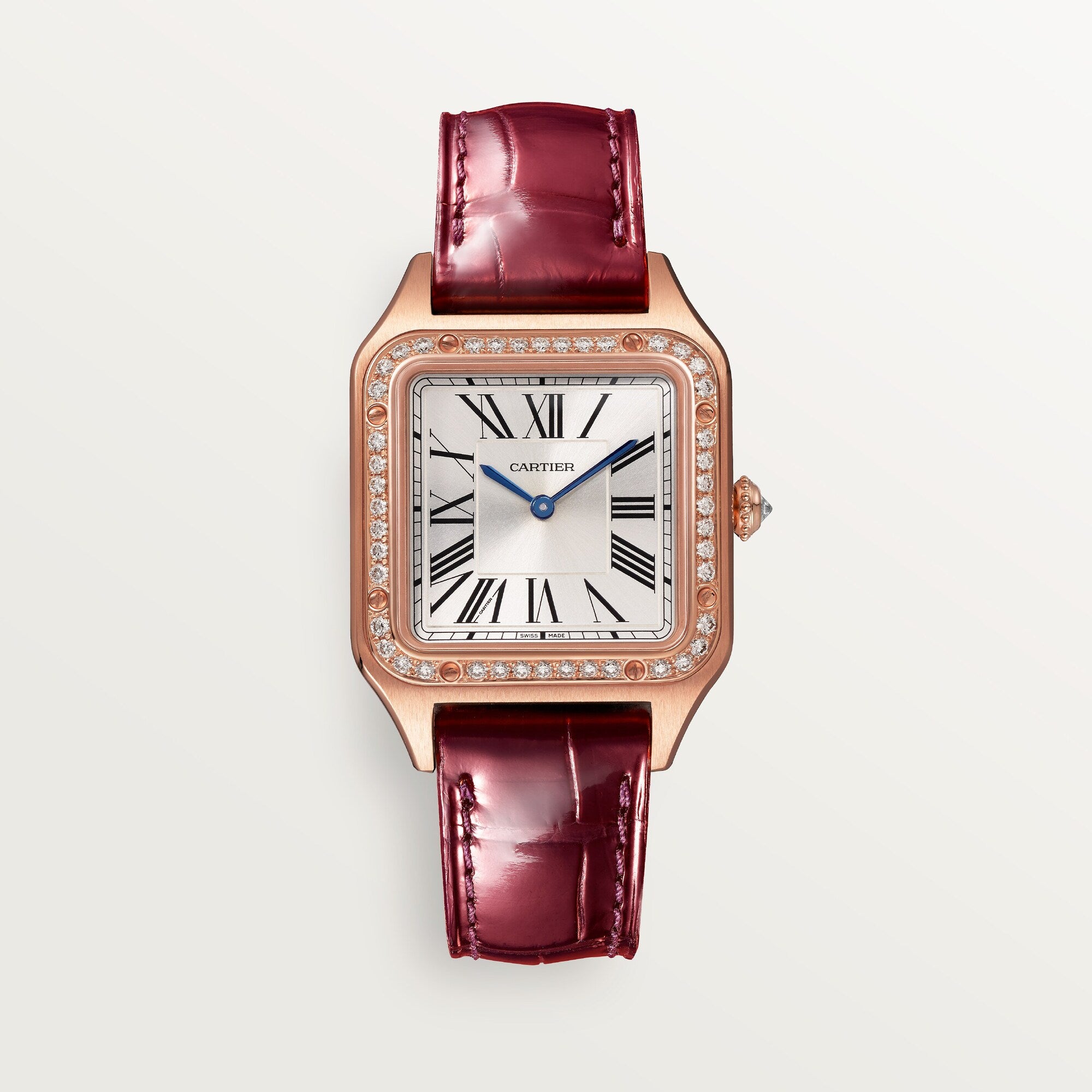 Cartier Santos Small 18k Rose Gold Silver Dial Burgundy Shiny  Leather Strap WJSA0017 - WATCHXNYC
