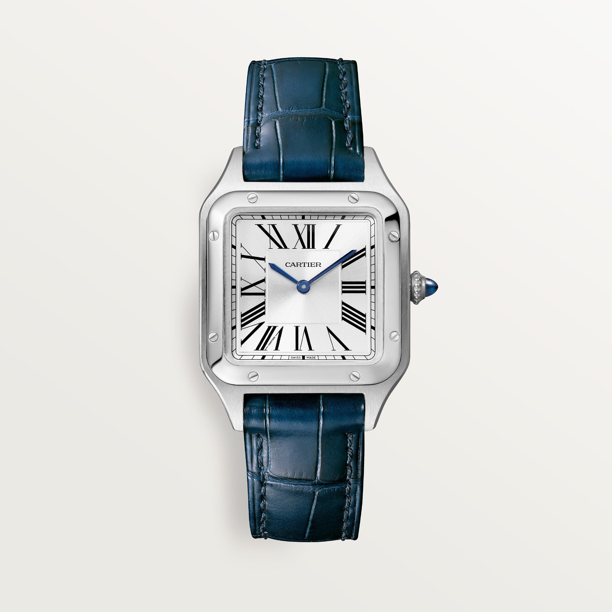 Cartier Santos Small Steel Silver Dial Navy Blue  Leather WSSA0023 - WATCHXNYC
