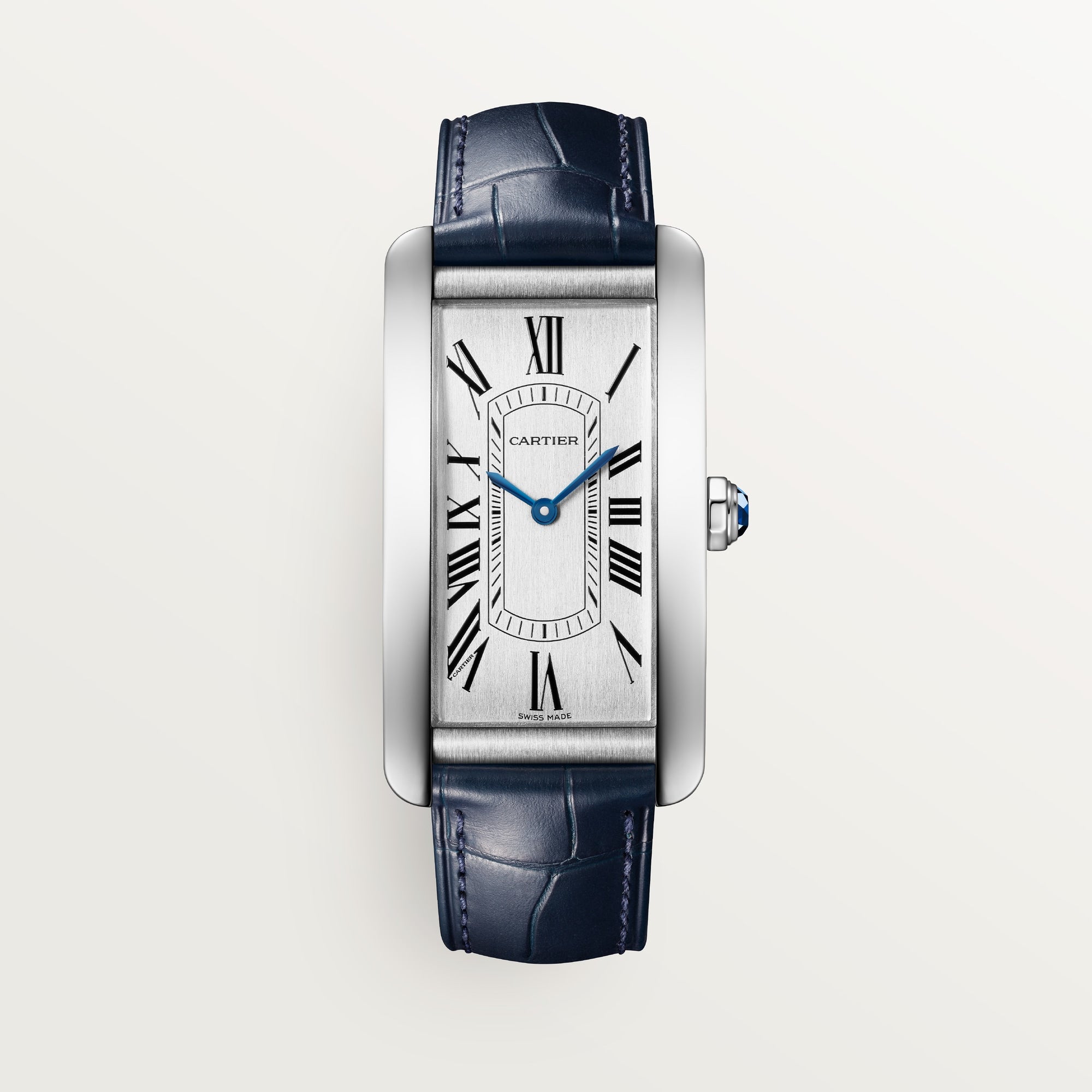 Cartier Tank Américaine Large Steel Silver Dial Navy Blue  Skin Strap WSTA0083 - WATCHXNYC