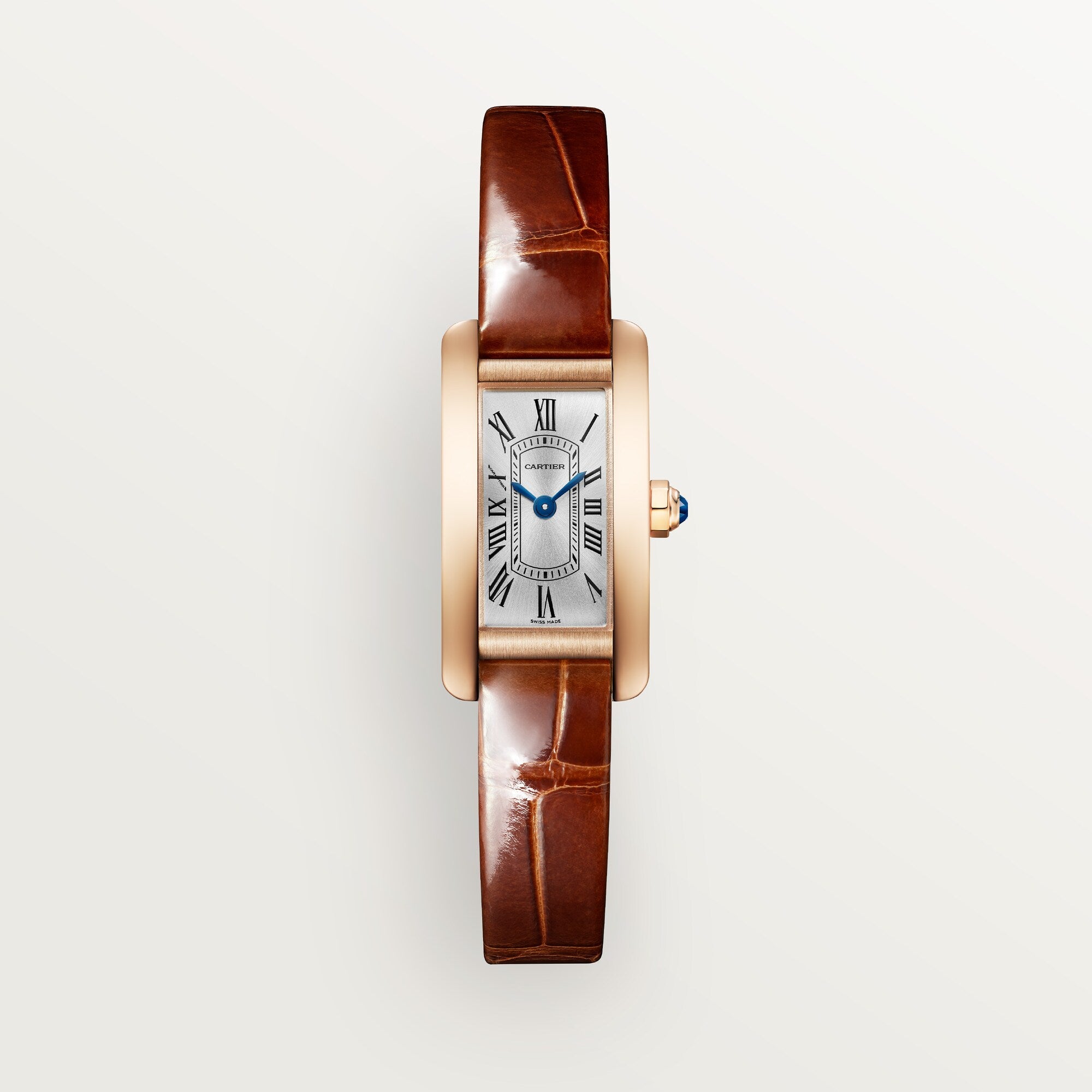 Cartier Tank Américaine Mini 18k Rose Gold Silver Sunray Dial Dark Brown Shiny  Skin Strap WGTA0132 - WATCHXNYC