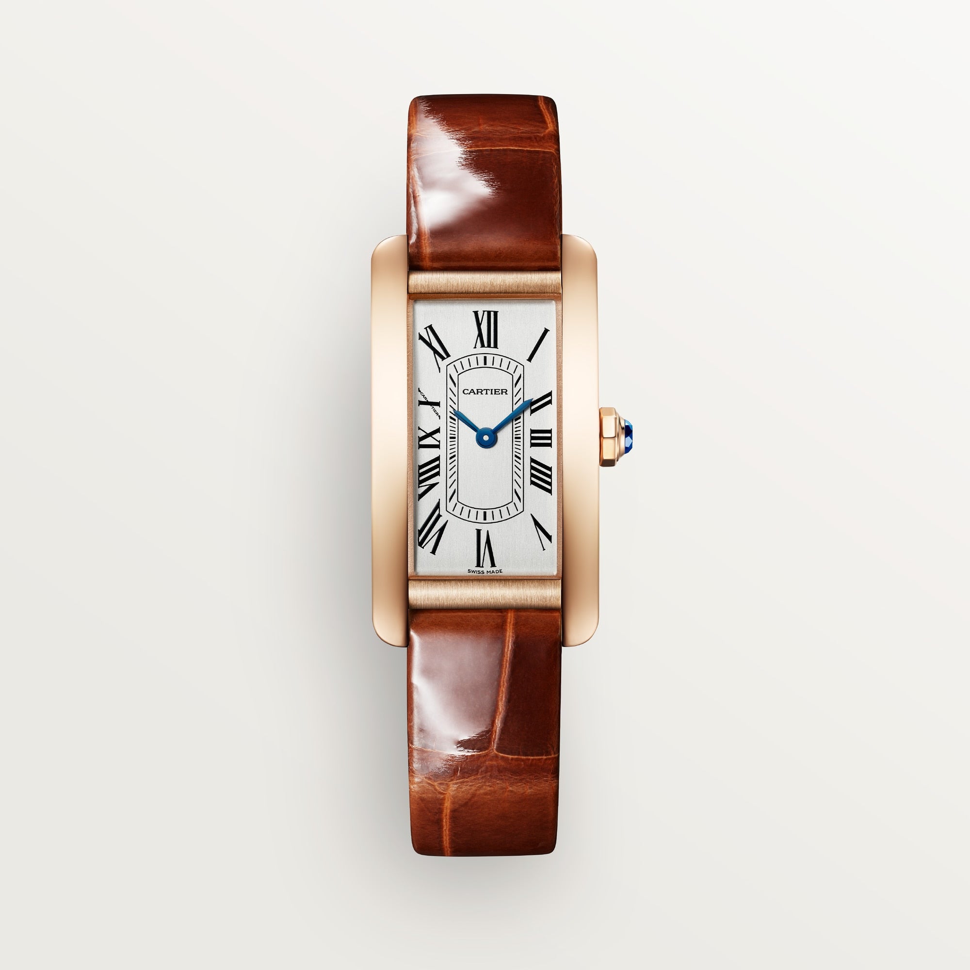 Cartier Tank Américaine  Small 18k Rose Gold Silver Dial Dark Brown Shiny  Skin Strap WGTA0133 - WATCHXNYC