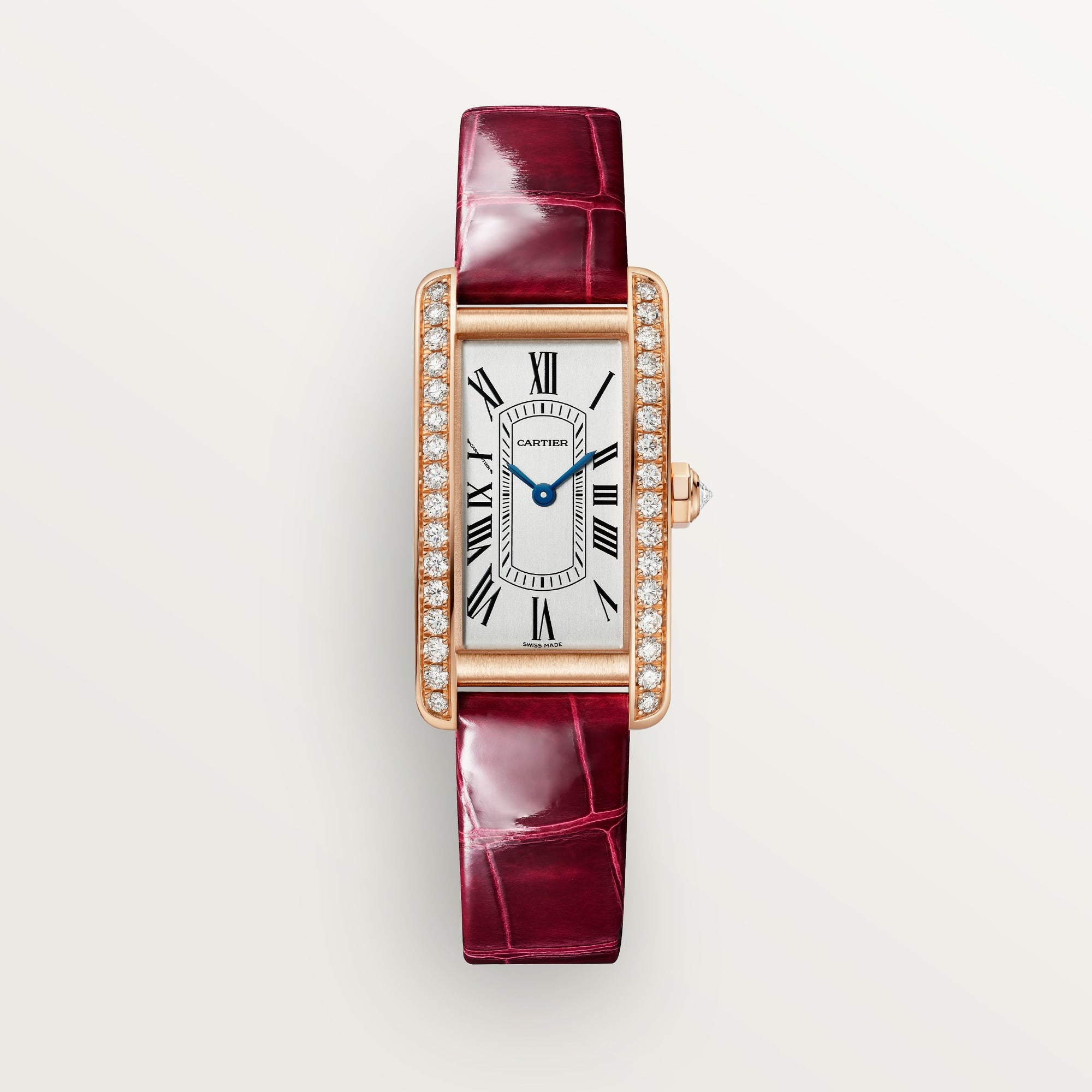 Cartier Tank Américaine Small 18k Rose Gold Silver Dial Shiny Red  Skin Strap WJTA0042 - WATCHXNYC