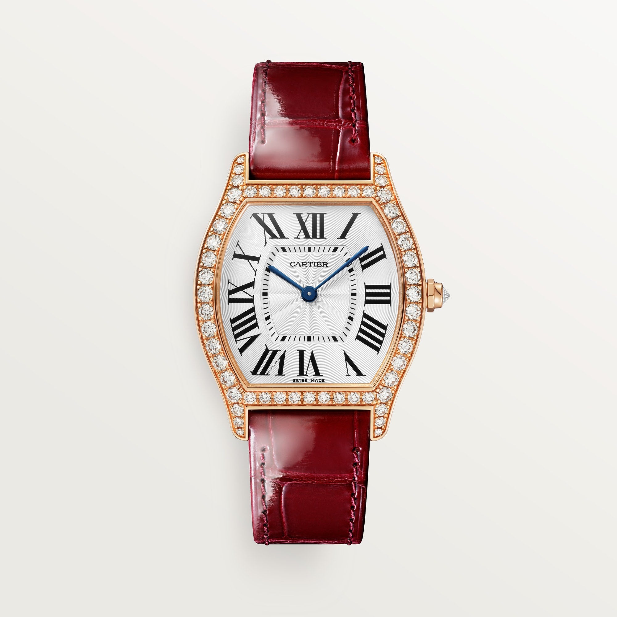 Cartier Tortue Medium Rose Gold Silver Sunray Dial Shiny Bordeaux Leather WJTO0009 - WATCHXNYC