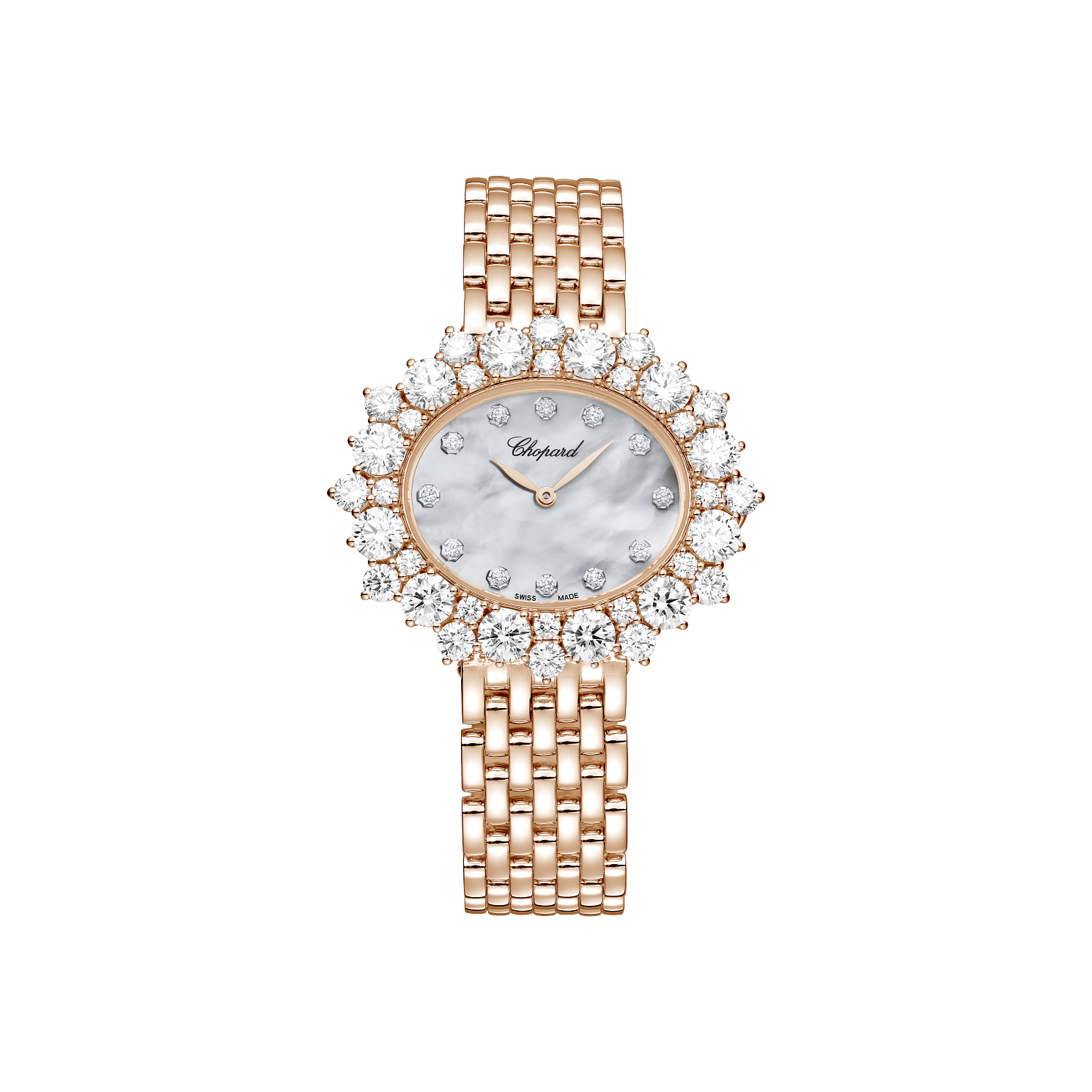 Chopard L’Heure du Diamant Oval Medium 36 mm White Mother-Of-Pearl Dial with Diamonds 18k Rose Gold Bracelet @10A390-5100 - WATCHXNYC