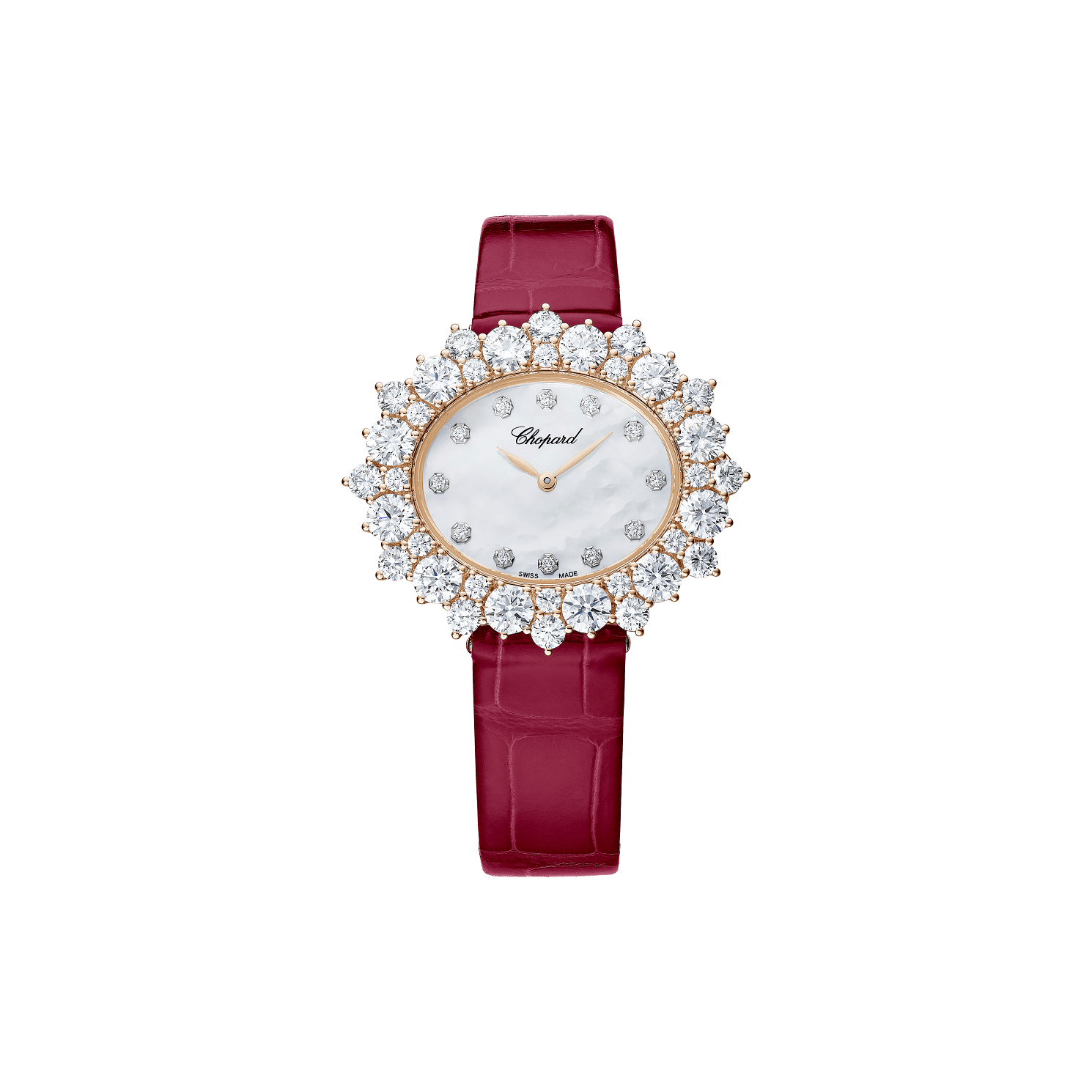 Chopard L’Heure du Diamant Oval Medium 36 mm White Mother-Of-Pearl Dial with Diamonds 18k Rose Gold   Leather Strap @13A390-5100 - WATCHXNYC