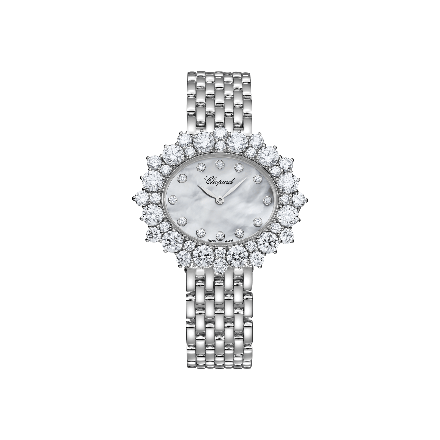 Chopard L’Heure du Diamant Oval Medium 36 mm White Mother-Of-Pearl Dial with Diamonds 18K White Gold Bracelet @10A390-1100 - WATCHXNYC