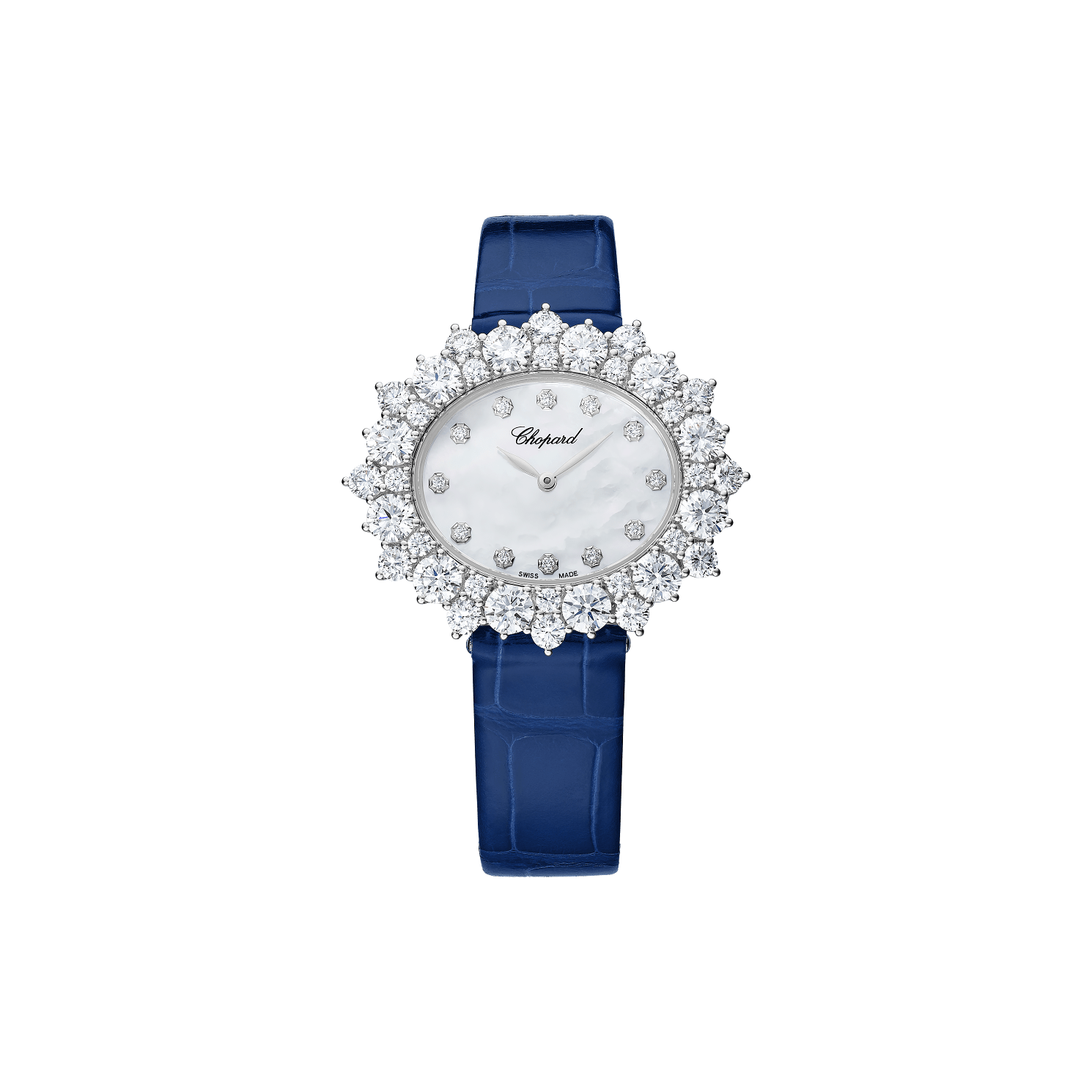 Chopard L’Heure du Diamant Oval Medium 36 mm White Mother-Of-Pearl Dial with Diamonds 18K White Gold   Leather Strap @13A390-1100 - WATCHXNYC