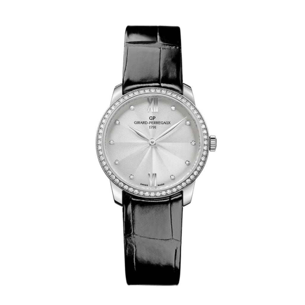 Girard-Perregaux 1966 30 mm Silver Dial with Diamonds Stainless Steel   Leather Strap 49528D11A172-CB6A - WATCHXNYC