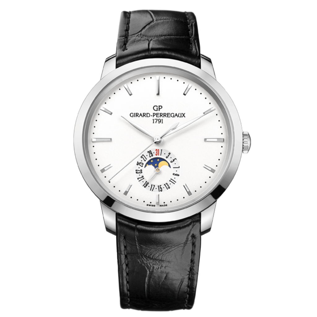 Girard-Perregaux 1966 Date and Moon Phases 40 mm Silver Dial Stainless Steel   Leather Strap 49545-11-131-BB60 - WATCHXNYC