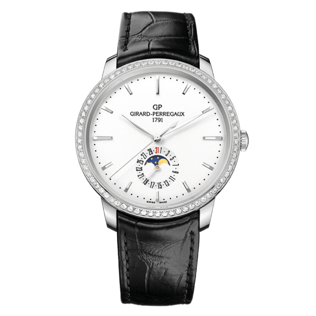 Girard-Perregaux 1966 Date and Moon Phases 40 mm Silver Dial with Diamonds Stainless Steel   Leather Strap 49545D11A131-BB60 - WATCHXNYC