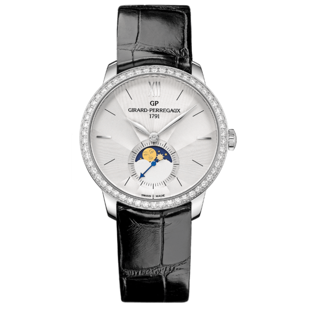 Girard-Perregaux 1966 Moon Phases 36 mm Silver Dial with Diamonds Stainless Steel   Leather Strap 49524D11A171-CK6A - WATCHXNYC