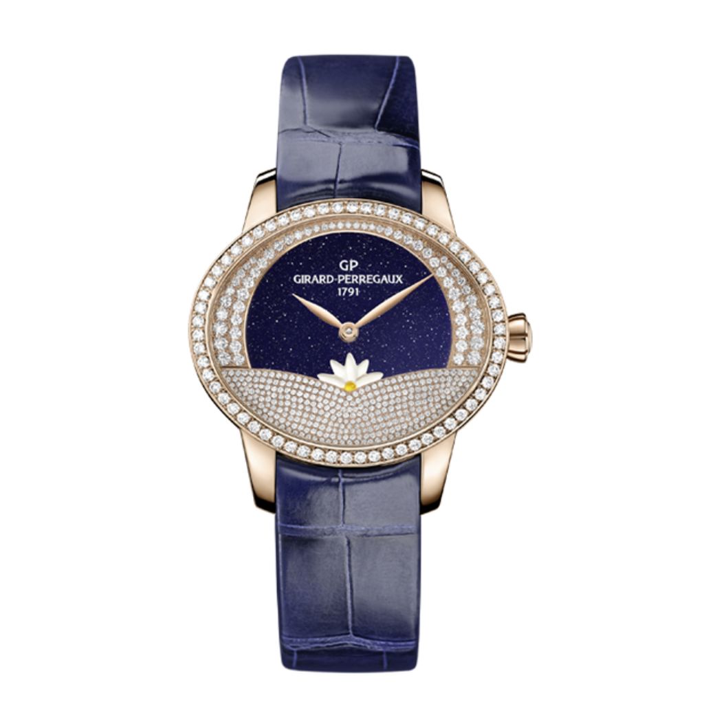 Girard-Perregaux Cat’s Eye Arabian Jasmin 30 mm Blue Dial with Diamonds 18K Pink Gold   Leather Strap 80488D52A401-CK4A - WATCHXNYC