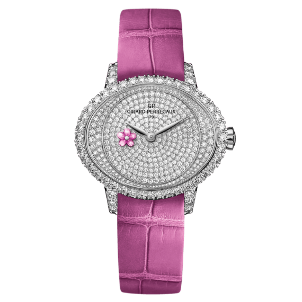 Girard-Perregaux Cat’s Eye Plum Blossom Jewellery 36.90 x 30.75 mm Diamond Paved Dial 18k White Gold   Leather Strap 80498D53M7B1-BKLA - WATCHXNYC