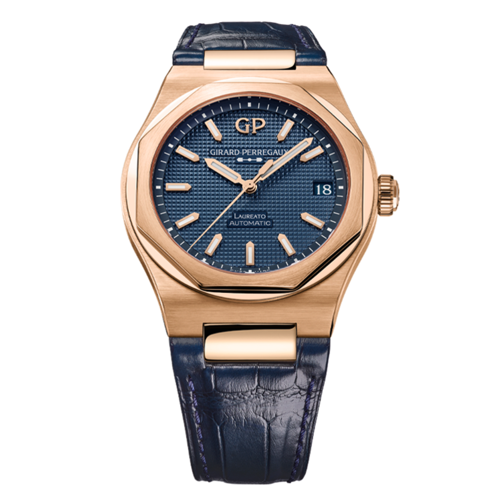 Girard-Perregaux Laureato 42 mm Blue Dial 18K Pink Gold   Leather Strap 81010-52-436-BB4A - WATCHXNYC