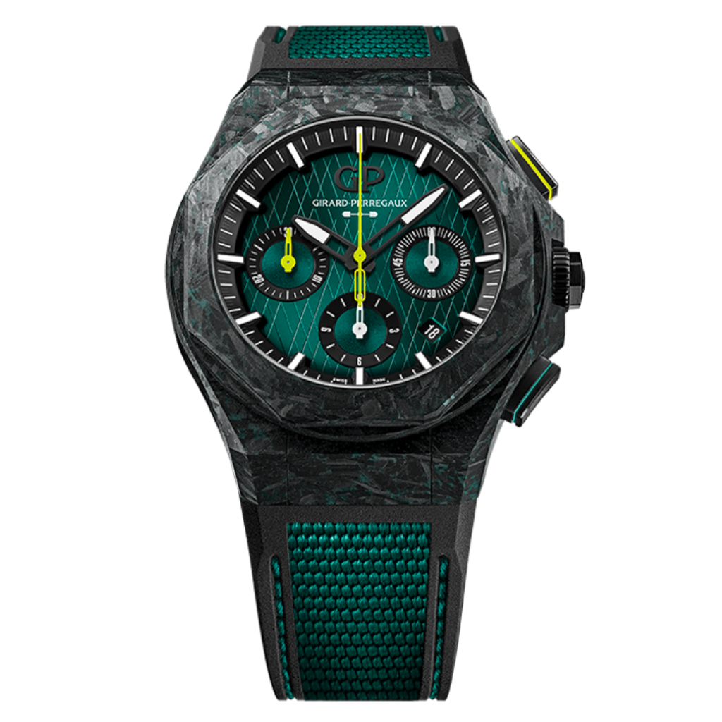 Girard-Perregaux Laureato Absolute Chronograph Aston Martin F1 Edition 44 mm Green Dial Titanium and Carbon Rubber Strap 81060-41-3071-1CX - WATCHXNYC