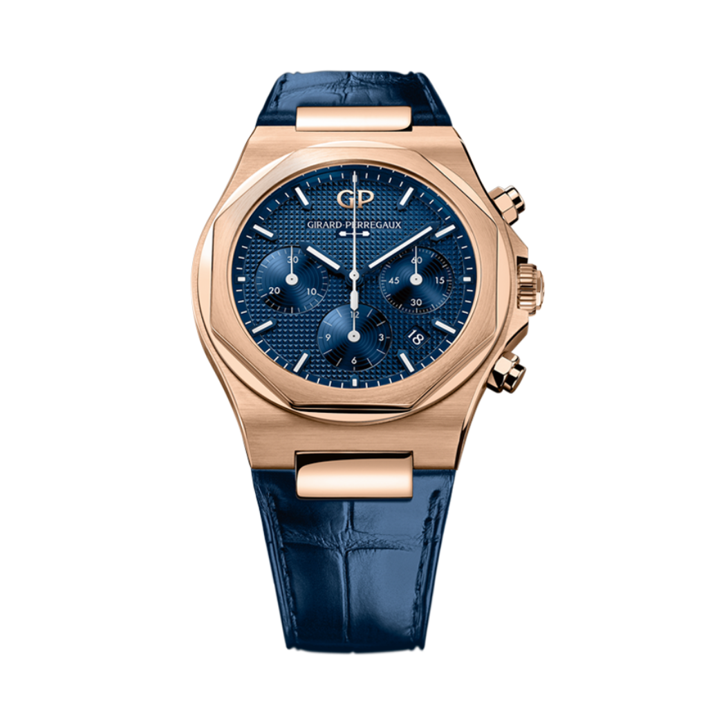 Girard-Perregaux Laureato Chronograph 42 mm Blue Dial 18K Pink Gold   Leather Strap 81020-52-432-BB4A - WATCHXNYC