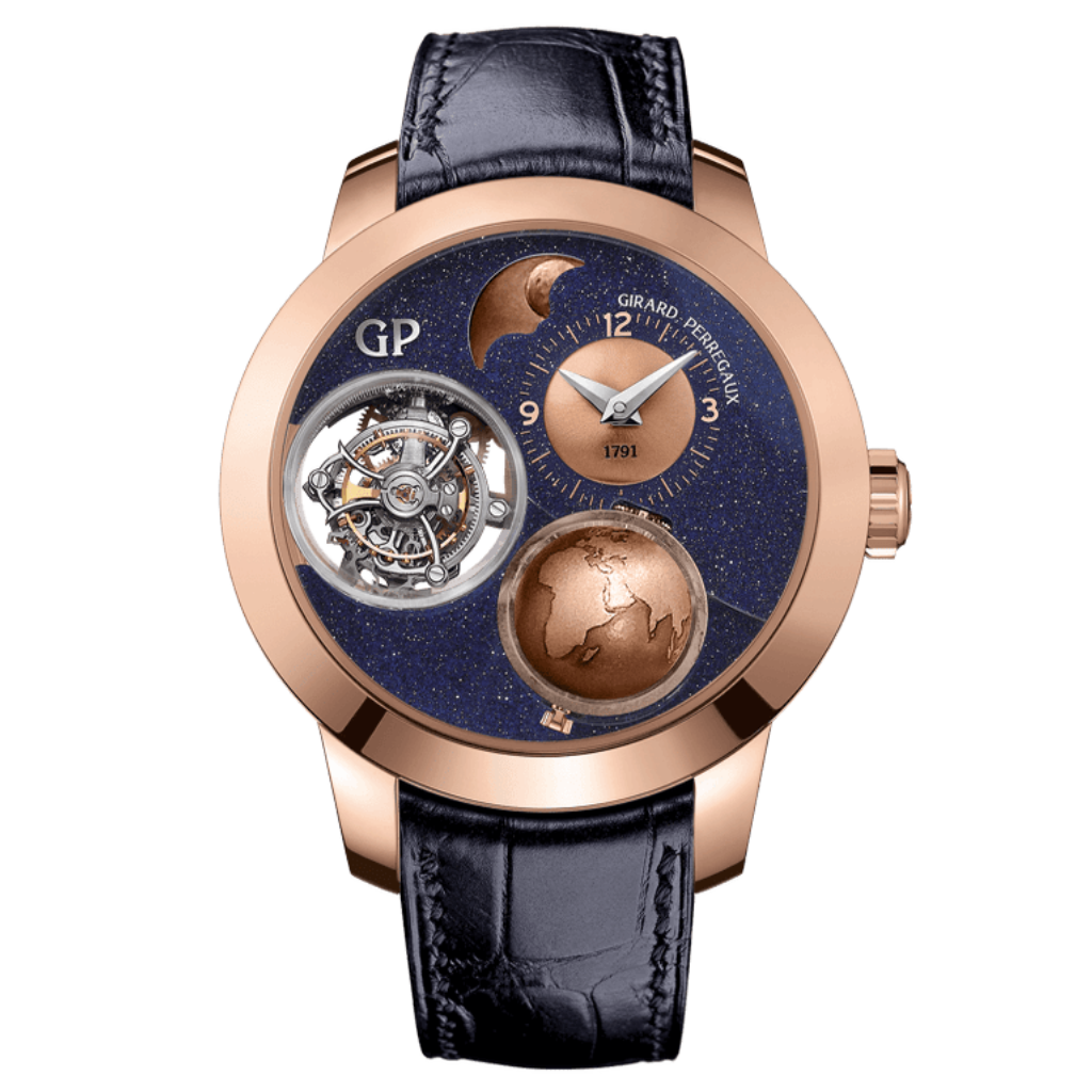 Girard-Perregaux Planetarium Tri-Axial 48 mm Blue Dial 18K Pink Gold   Leather Strap 99290-52-451-BA4A - WATCHXNYC