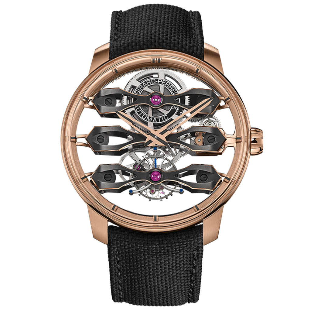 Girard-Perregaux Tourbillon with Three Flying Bridges 44 mm Transparent Dial 18K Pink Gold Fabric Strap 99296-52-3434-5CC - WATCHXNYC