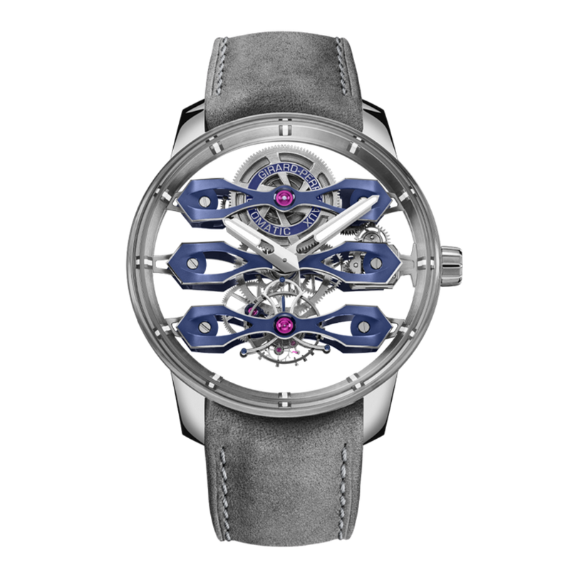 Girard-Perregaux Tourbillon con tres puentes volantes Bucherer BLUE 44 mm Esfera transparente Correa de piel de becerro de titanio 99296-21-3128-5GX 