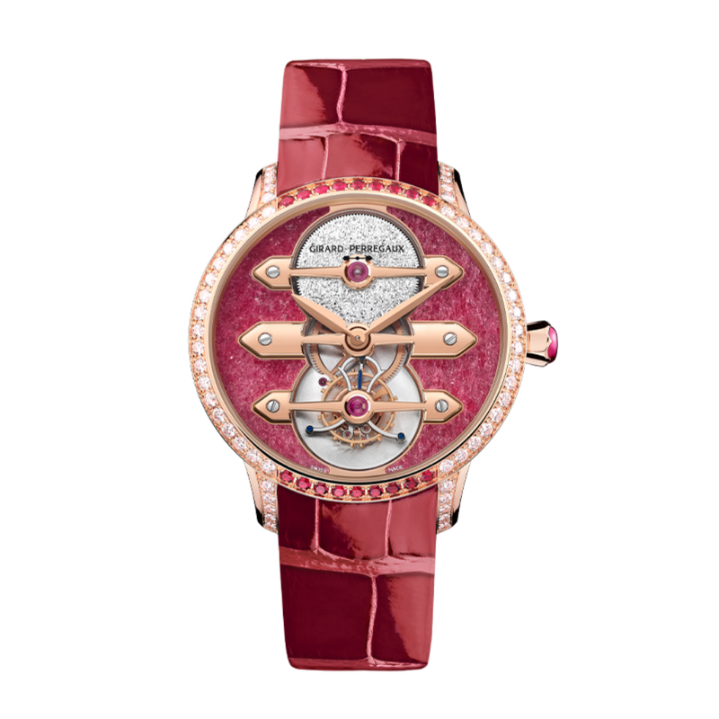 Girard-Perregaux Tourbillon con tres puentes de oro Corazón de rubí 38 mm Esfera transparente con diamantes Correa de piel de aligátor en oro rosa de 18 quilates 99242B52CH01-CKHA 