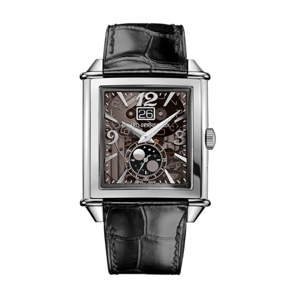 Girard-Perregaux Vintage 1945 XXL Large Date and Moon Phases 36.10 x 35.25 mm Transparent Dial Stainless Steel   Leather Strap 25882-11-223-BB6B - WATCHXNYC
