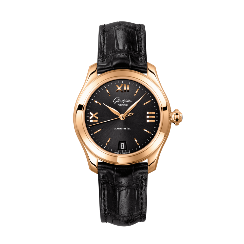 Glashuette Original Lady Serenade 36 mm Galvanized Black Dial 18k Rose Gold Louisiana   Leather Strap 1-39-22-18-01-04 - WATCHXNYC