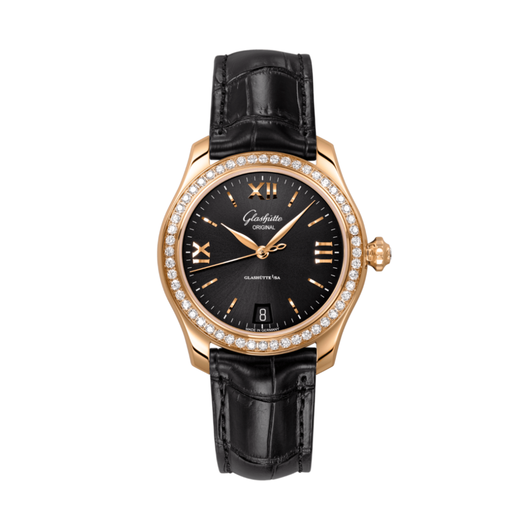 Glashuette Original Lady Serenade 36 mm Galvanized Black Dial 18k Rose Gold Louisiana   leather strap 1-39-22-18-11-04 - WATCHXNYC