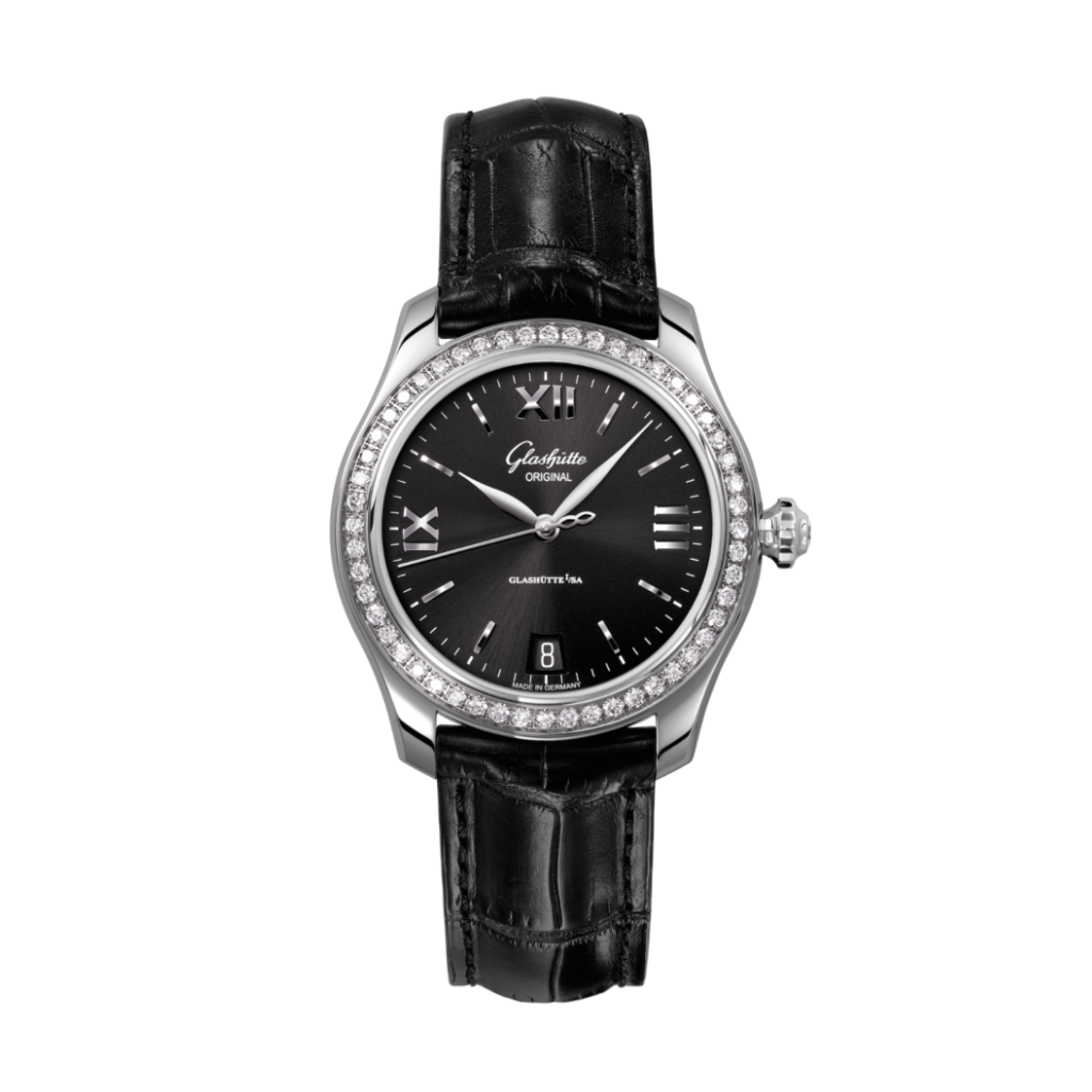 Glashuette Original Lady Serenade 36 mm Galvanized Black Dial Stainless Steel with Diamonds  Louisiana   Leather Strap 1-39-22-20-22-04 - WATCHXNYC