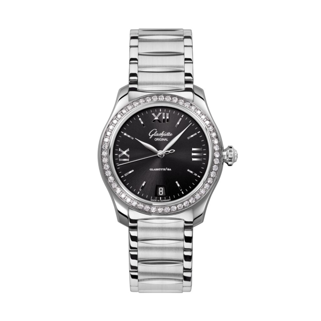 Glashuette Original Lady Serenade 36 mm Galvanized Black Dial Stainless Steel with Diamonds  Stainless Steel 1-39-22-20-22-34 - WATCHXNYC